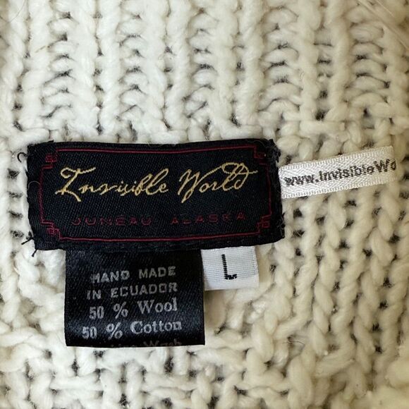 Invisible World Mens L Zip-Front Cardigan Sweater Chunky Knit Fisherman Ivory - Picture 5 of 11